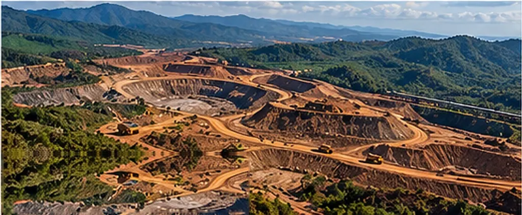 Aerial view of a laterite nickel mining site with haul roads and pits