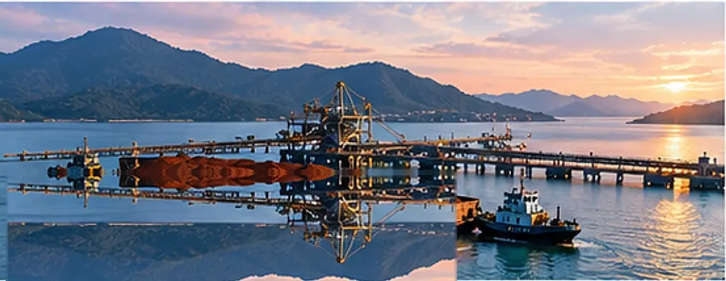 Barges loaded with bulk nickel ore moored at a coastal jetty