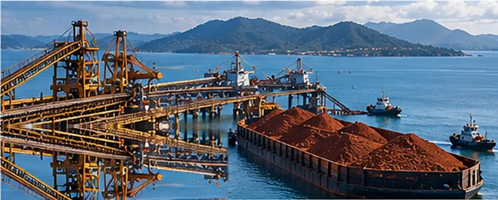 Ore loading jetty with conveyors and a loaded barge alongside
