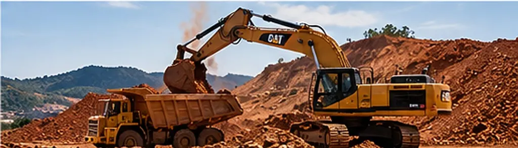 Excavator loading laterite nickel ore into a haul truck at a mine face
