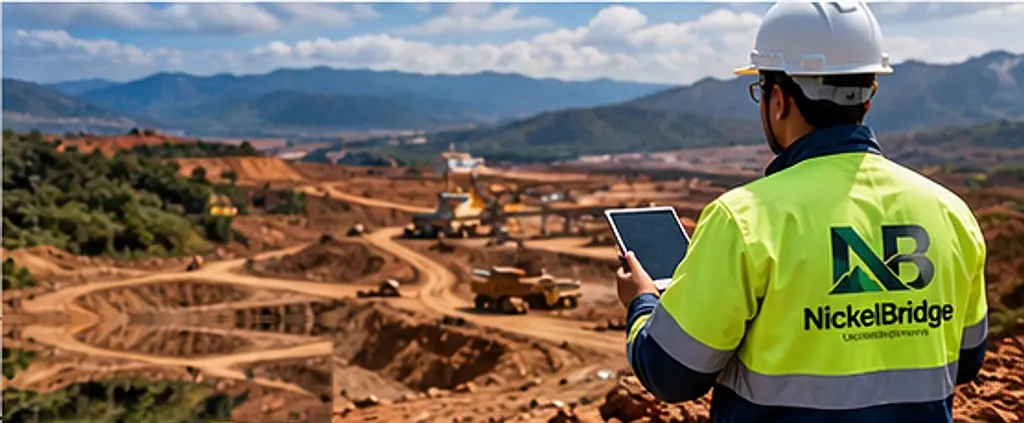 NickelBridge field team member reviewing data on a tablet at a mine site